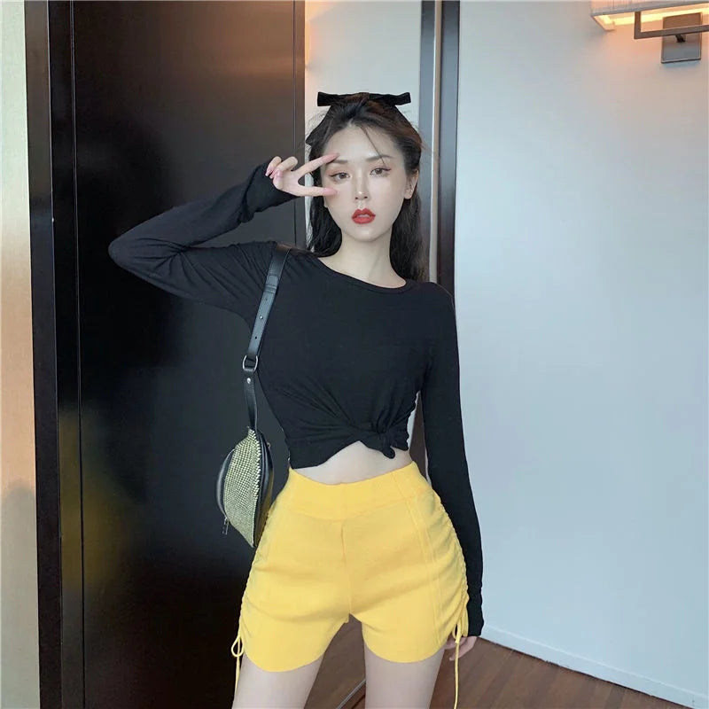 Shorts Women Summer Pink Side Pleated Tie Waist Knitted Shorts Casual Pants Ropa Mujer
