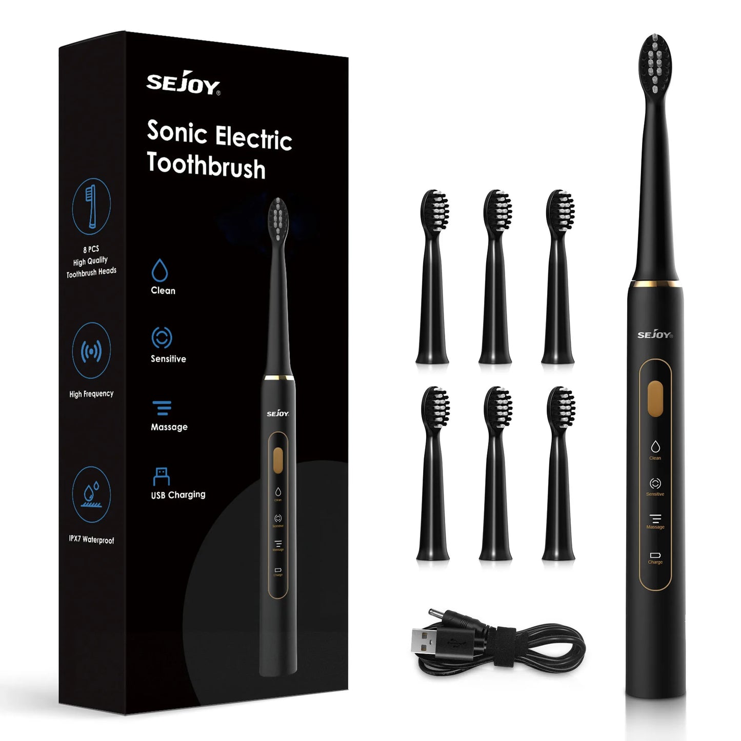SEJOY Electric Sonic Toothbrush 3 modes Clean USB Rechargeable IPX7 Waterproof Electric Tooth Brushes with 7pcs Replacement Head