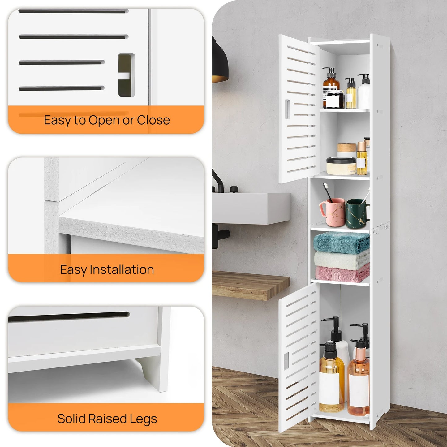 Bathroom Storage Cabinet, White PVC Bathroom Storage Unit Bathroom Cabinets Free Standing Slim, 116*20*20cm