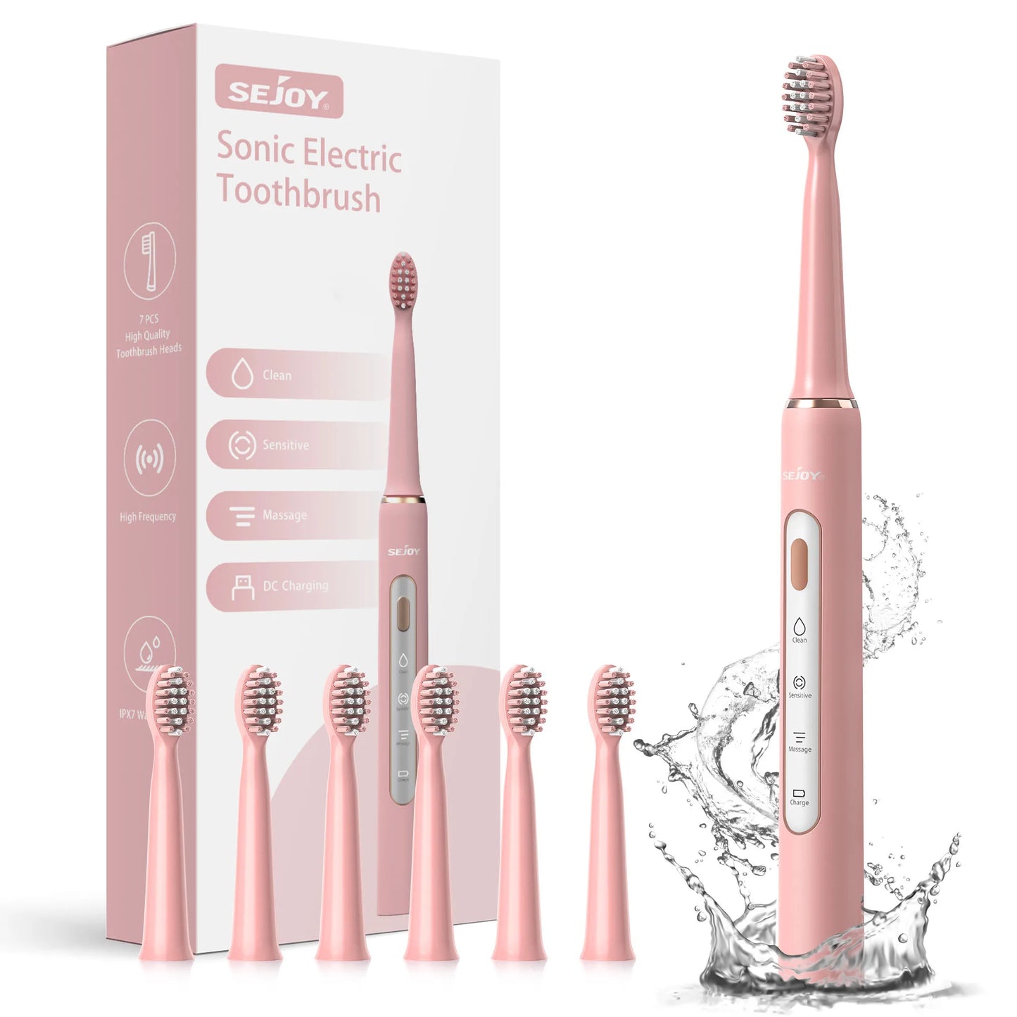 SEJOY Electric Sonic Toothbrush 3 modes Clean USB Rechargeable IPX7 Waterproof Electric Tooth Brushes with 7pcs Replacement Head