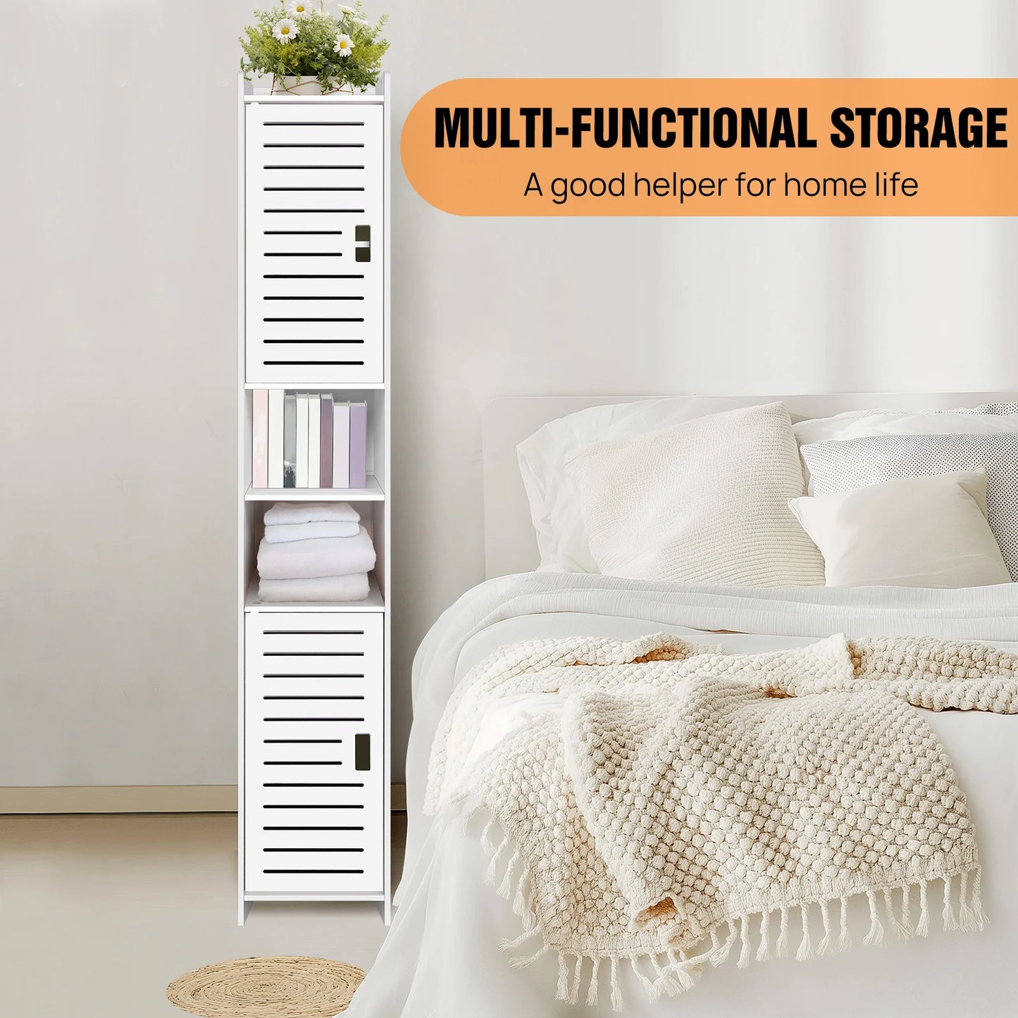 Bathroom Storage Cabinet, White PVC Bathroom Storage Unit Bathroom Cabinets Free Standing Slim, 116*20*20cm