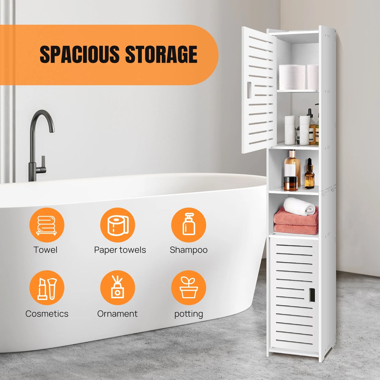 Bathroom Storage Cabinet, White PVC Bathroom Storage Unit Bathroom Cabinets Free Standing Slim, 116*20*20cm