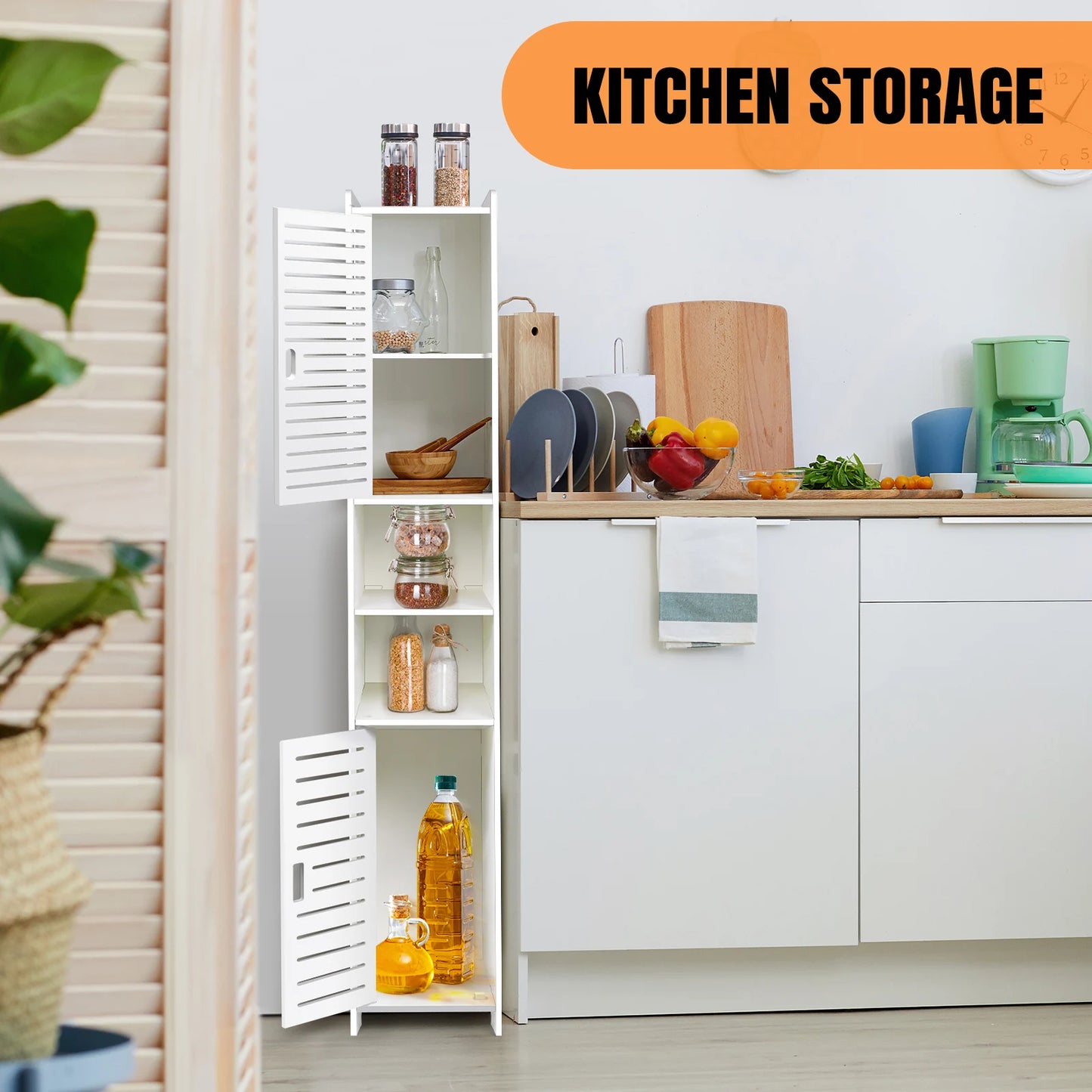 Bathroom Storage Cabinet, White PVC Bathroom Storage Unit Bathroom Cabinets Free Standing Slim, 116*20*20cm
