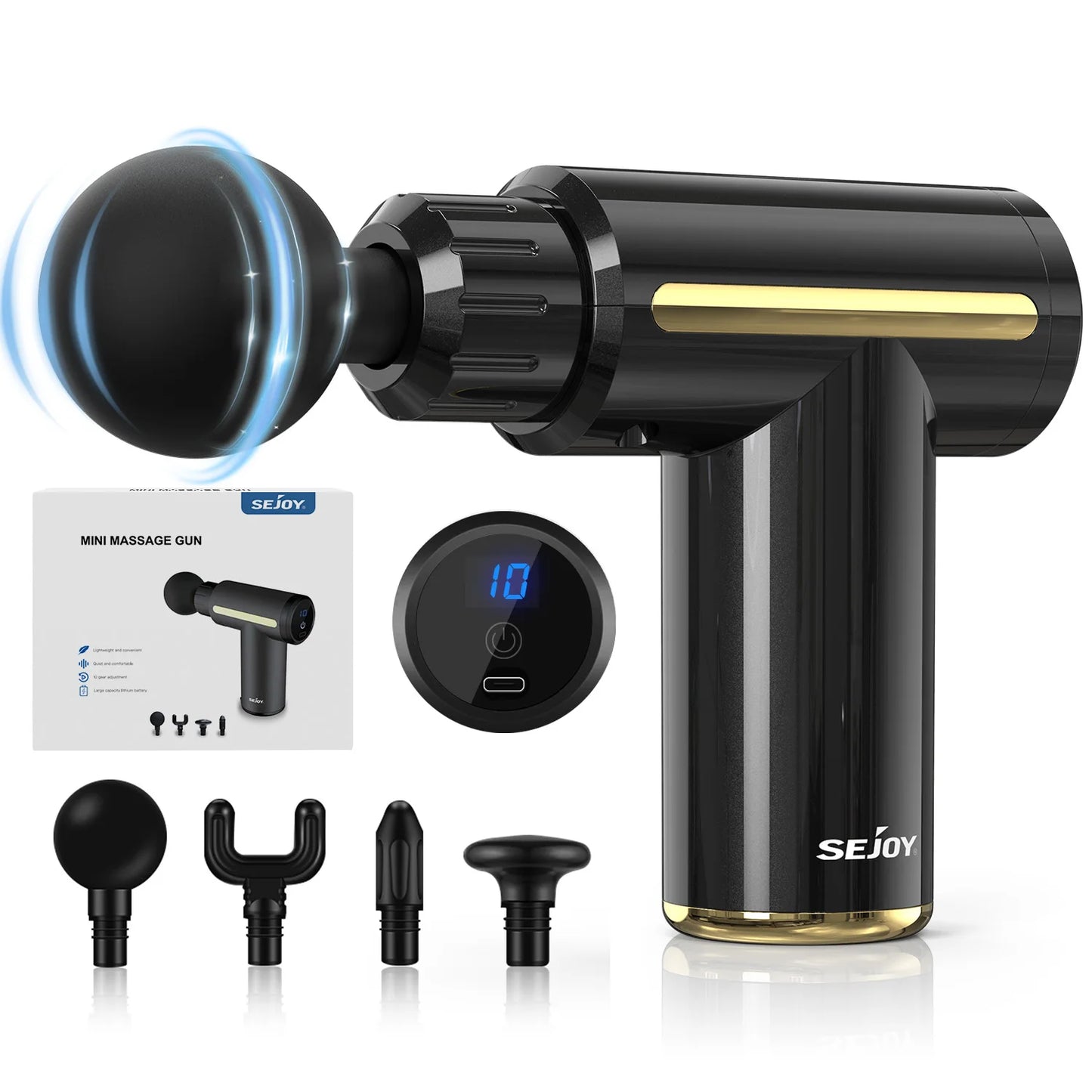 Sejoy Mini Portable Fascia Massage Gun with LED Touch Screen 4 Replaceable Massage Heads 10 Speeds Percussion Massager