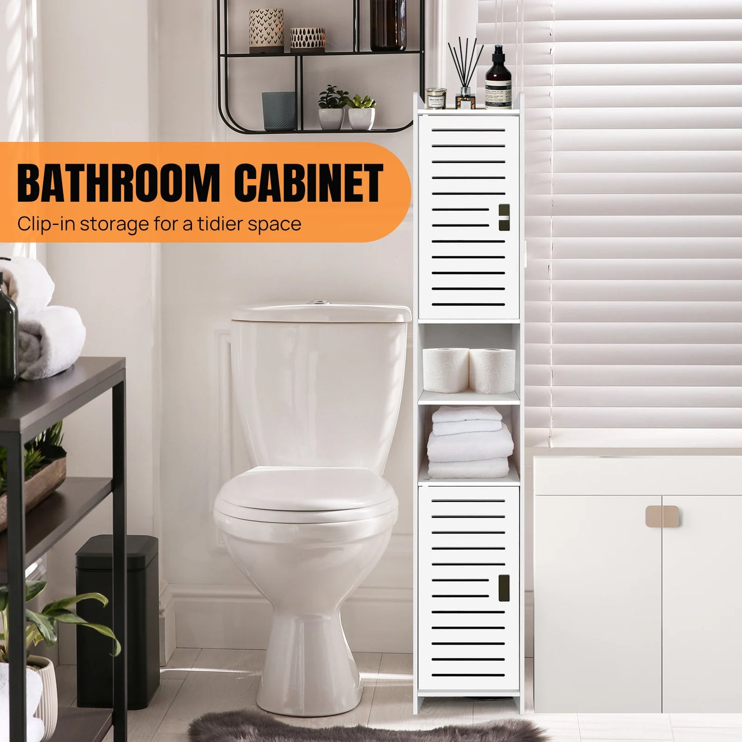 Bathroom Storage Cabinet, White PVC Bathroom Storage Unit Bathroom Cabinets Free Standing Slim, 116*20*20cm
