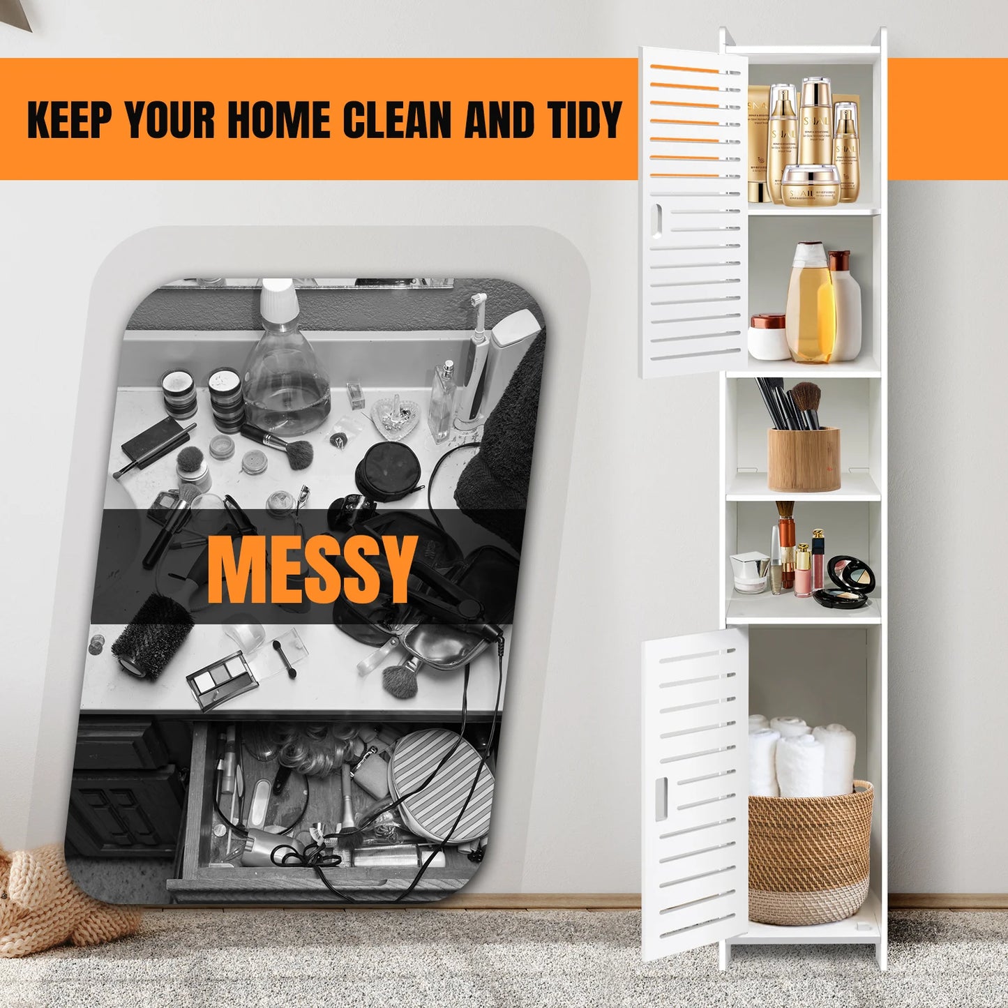 Bathroom Storage Cabinet, White PVC Bathroom Storage Unit Bathroom Cabinets Free Standing Slim, 116*20*20cm