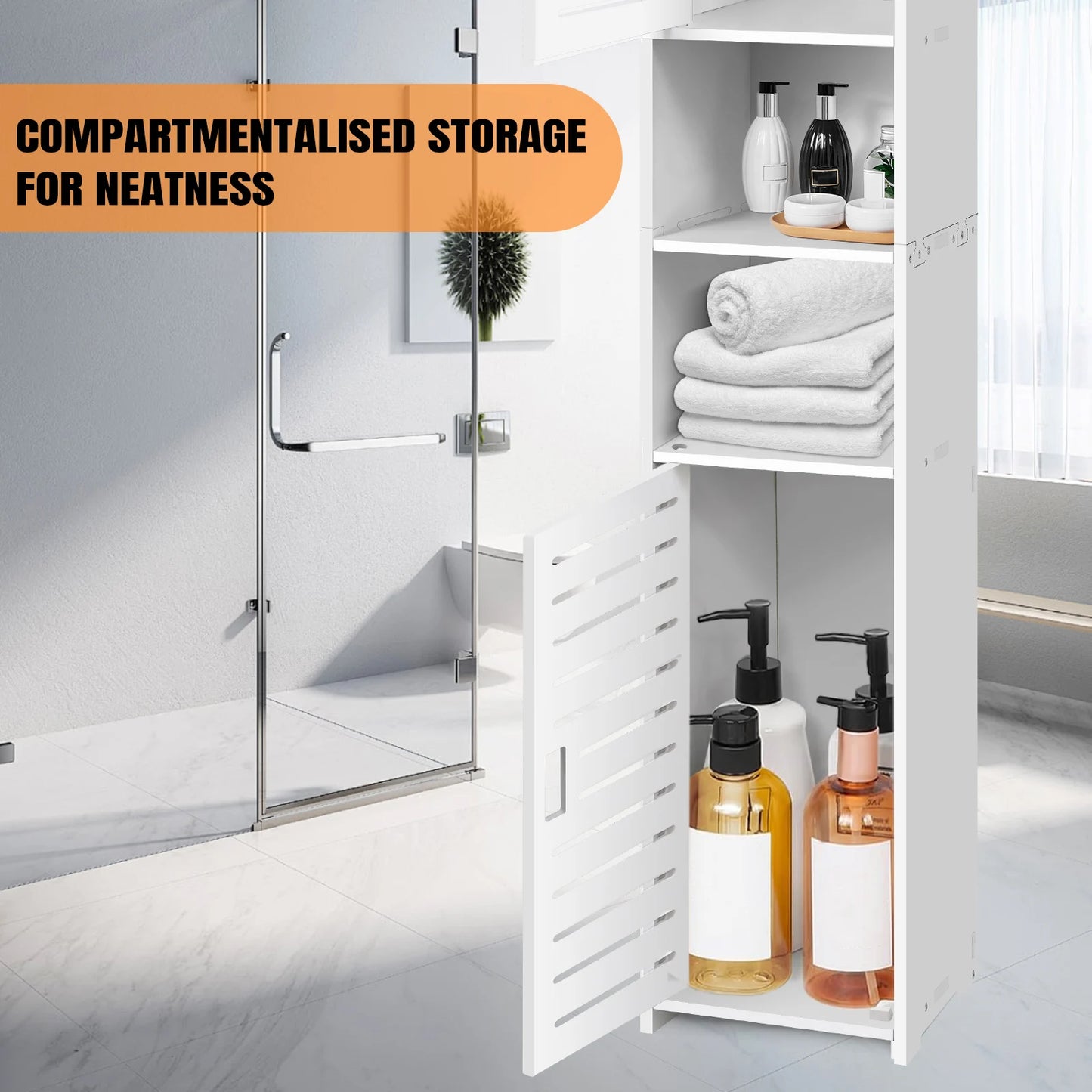 Bathroom Storage Cabinet, White PVC Bathroom Storage Unit Bathroom Cabinets Free Standing Slim, 116*20*20cm