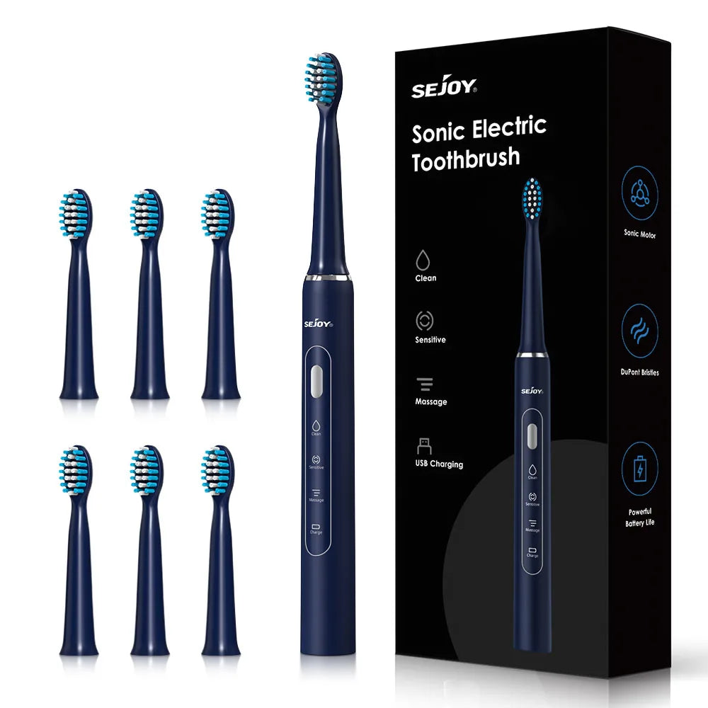 SEJOY Electric Sonic Toothbrush 3 modes Clean USB Rechargeable IPX7 Waterproof Electric Tooth Brushes with 7pcs Replacement Head