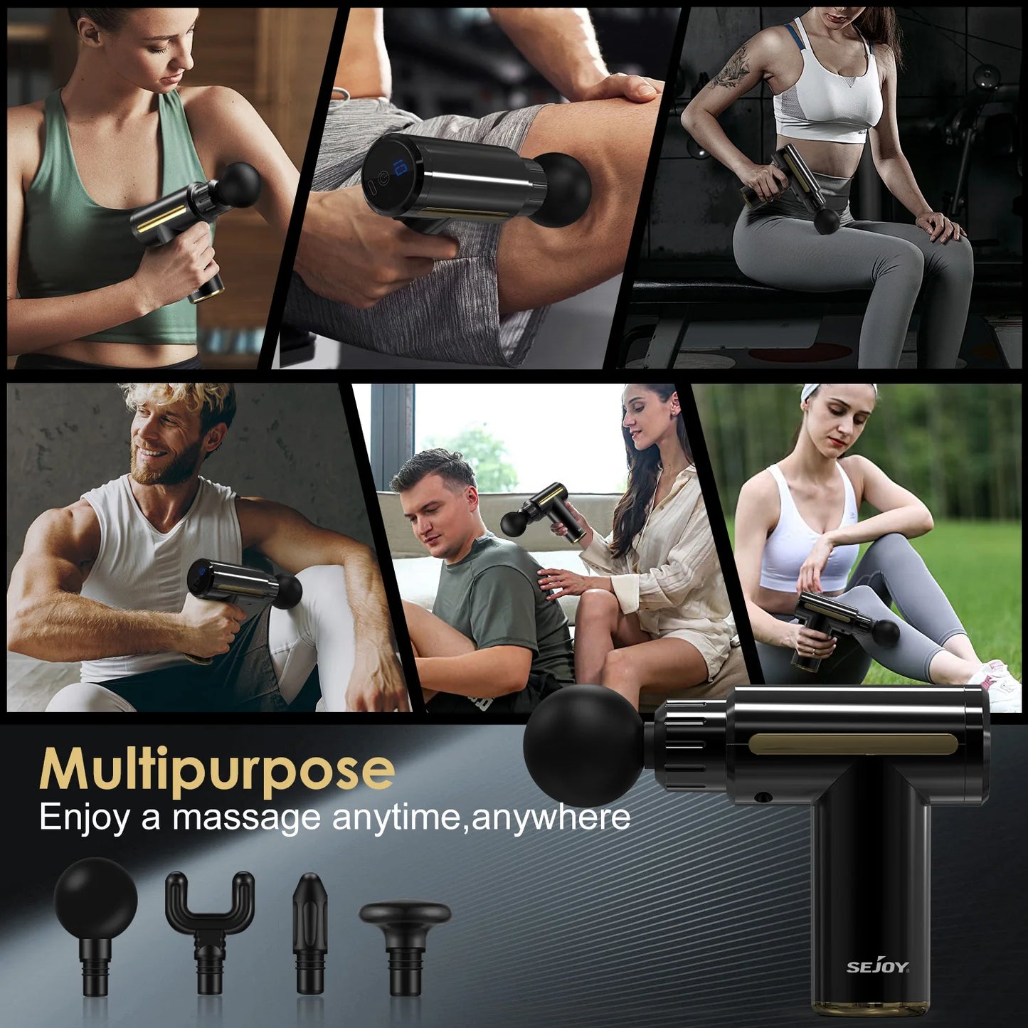 Sejoy Mini Portable Fascia Massage Gun with LED Touch Screen 4 Replaceable Massage Heads 10 Speeds Percussion Massager