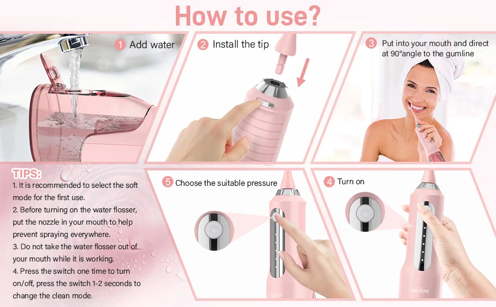 SEJOY Dental Oral Irrigator Water Flosser USB Rechargeable,5 Working Modes,5 Nozzles, 270ml Tank,Water Floss Teeth Pick