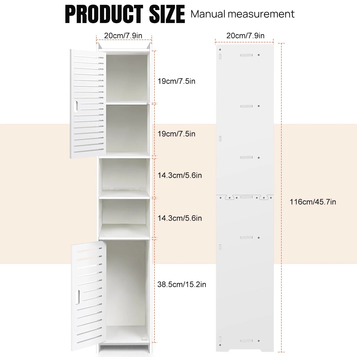 Bathroom Storage Cabinet, White PVC Bathroom Storage Unit Bathroom Cabinets Free Standing Slim, 116*20*20cm