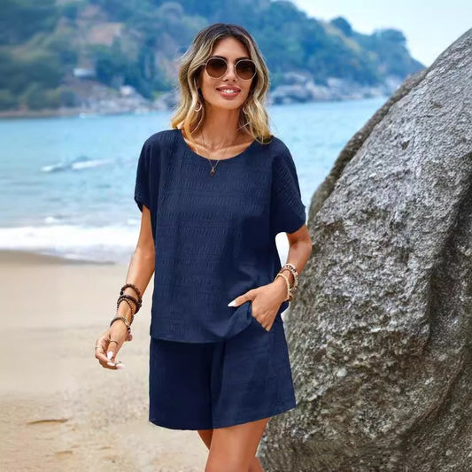 Casual And Comfortable Solid Color Round Neck Short Sleeves Shorts Suit