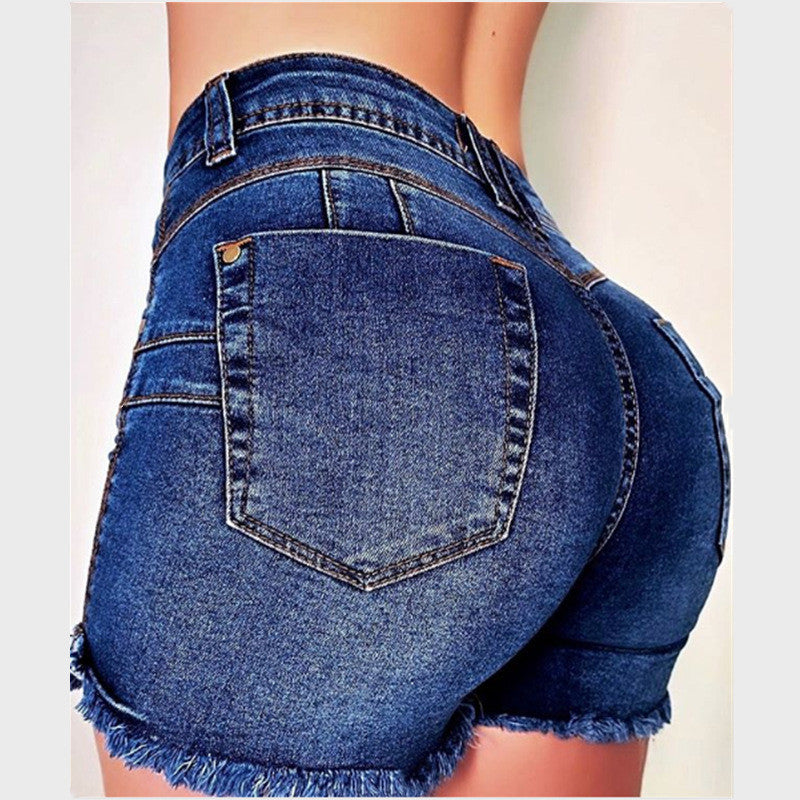Single-breasted fringed denim shorts