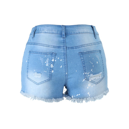Women's Denim Shorts With Fringed Holes