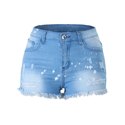 Women's Denim Shorts With Fringed Holes