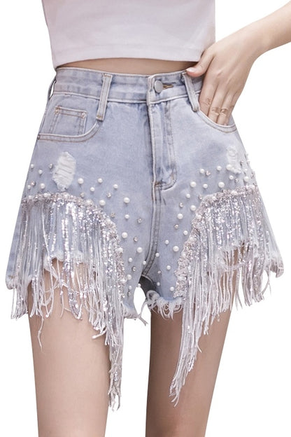 Diamond Fringed Denim Shorts Women's Summer Net Celebrity High-Waisted A-Line Wide-Leg Pants Wearing Casual Hot Pants