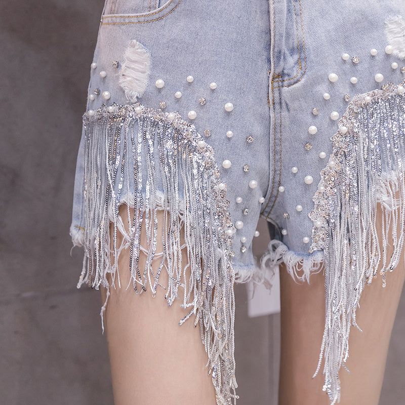 Diamond Fringed Denim Shorts Women's Summer Net Celebrity High-Waisted A-Line Wide-Leg Pants Wearing Casual Hot Pants