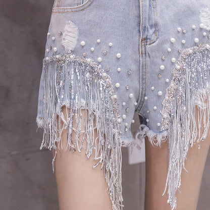 Diamond Fringed Denim Shorts Women's Summer Net Celebrity High-Waisted A-Line Wide-Leg Pants Wearing Casual Hot Pants