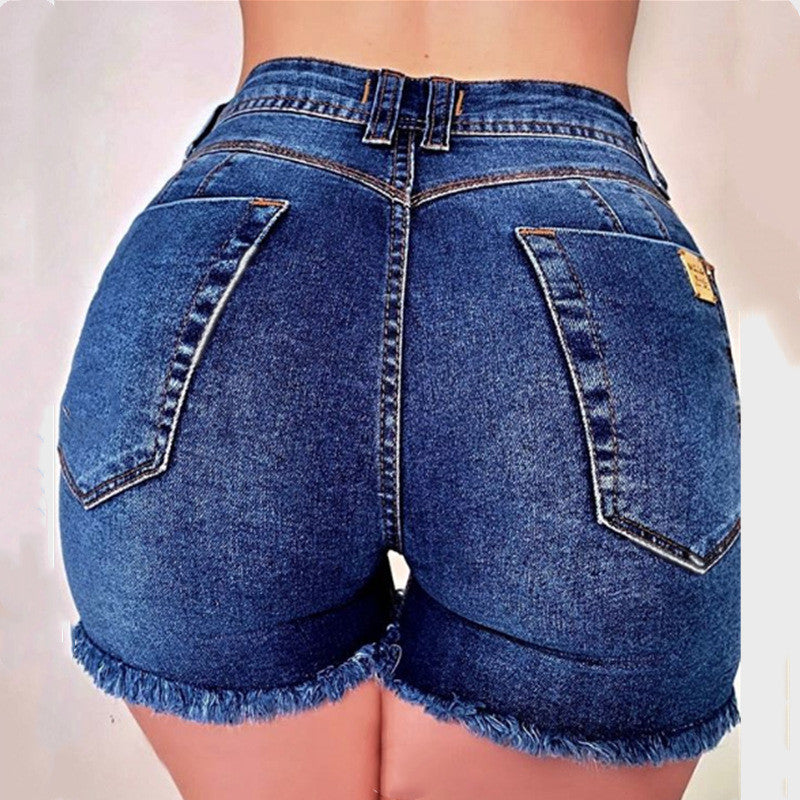 Single-breasted fringed denim shorts
