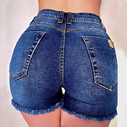 Single-breasted fringed denim shorts