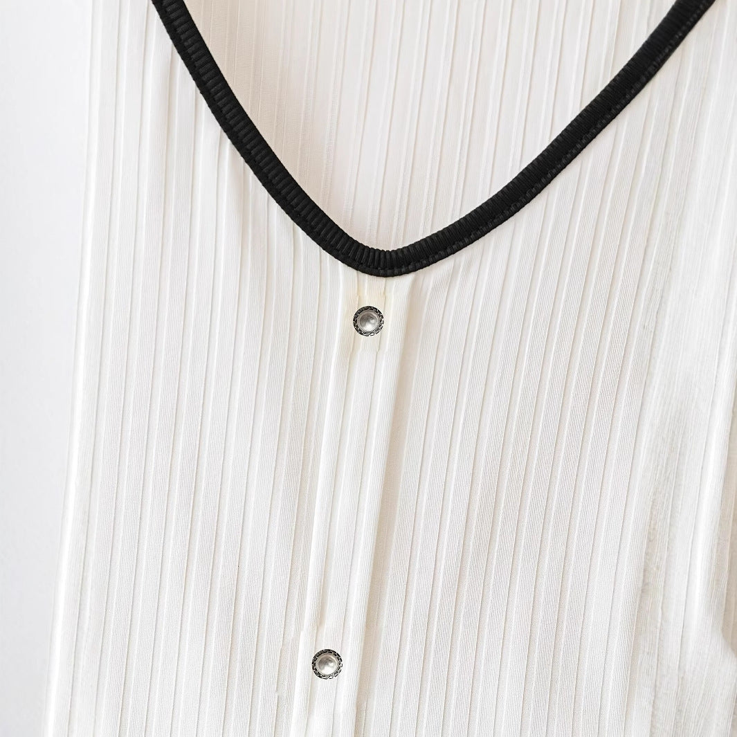 Women's Casual V-neck Short Sleeve Button Design Color Contrast T-shirt Top