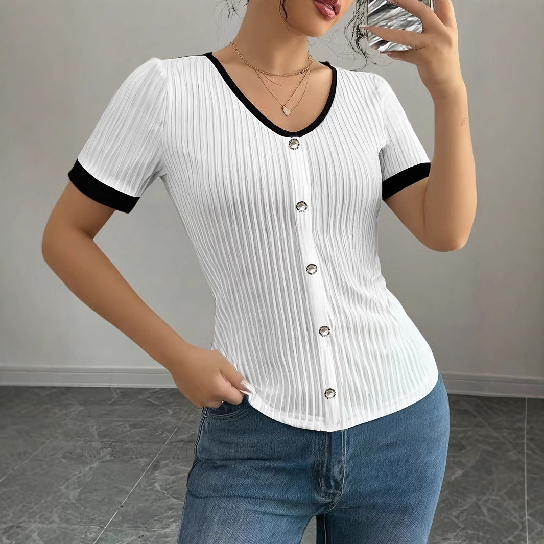 Women's Casual V-neck Short Sleeve Button Design Color Contrast T-shirt Top