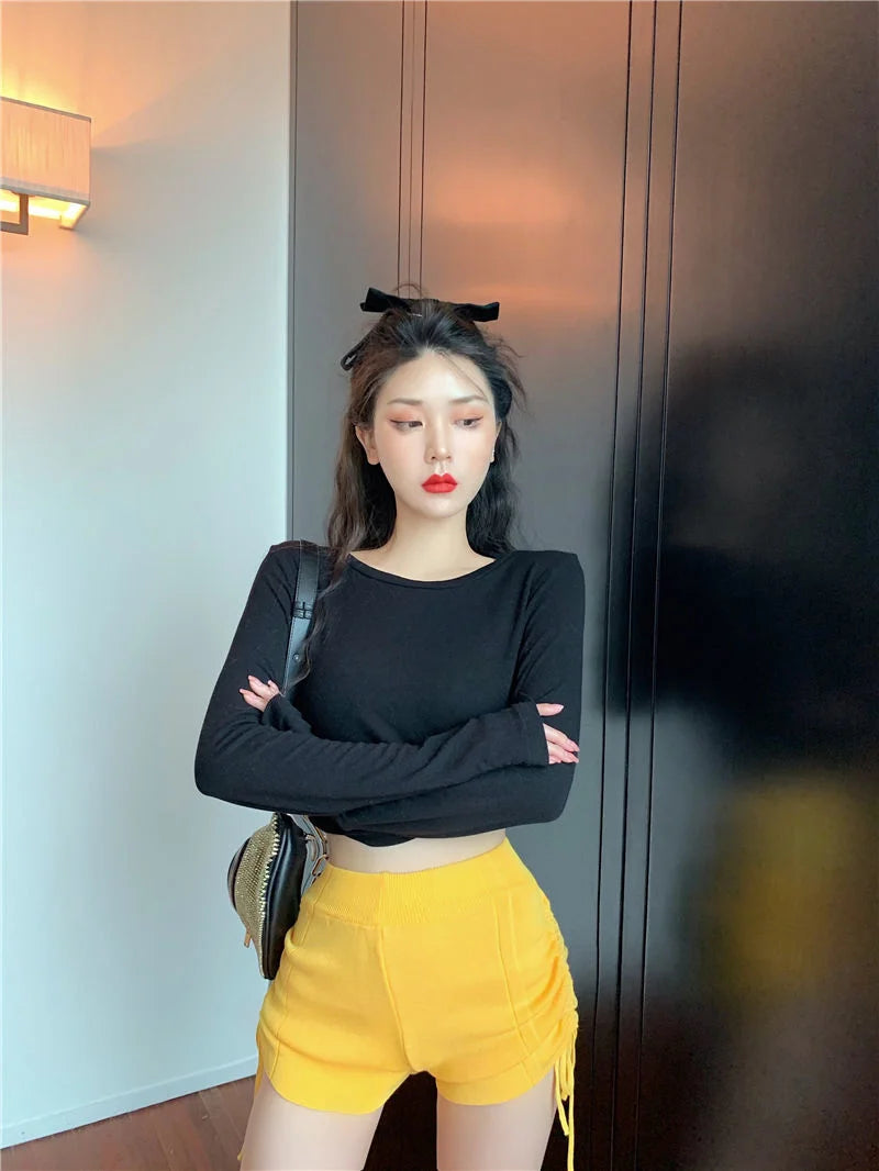 Shorts Women Summer Pink Side Pleated Tie Waist Knitted Shorts Casual Pants Ropa Mujer