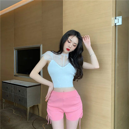 Shorts Women Summer Pink Side Pleated Tie Waist Knitted Shorts Casual Pants Ropa Mujer