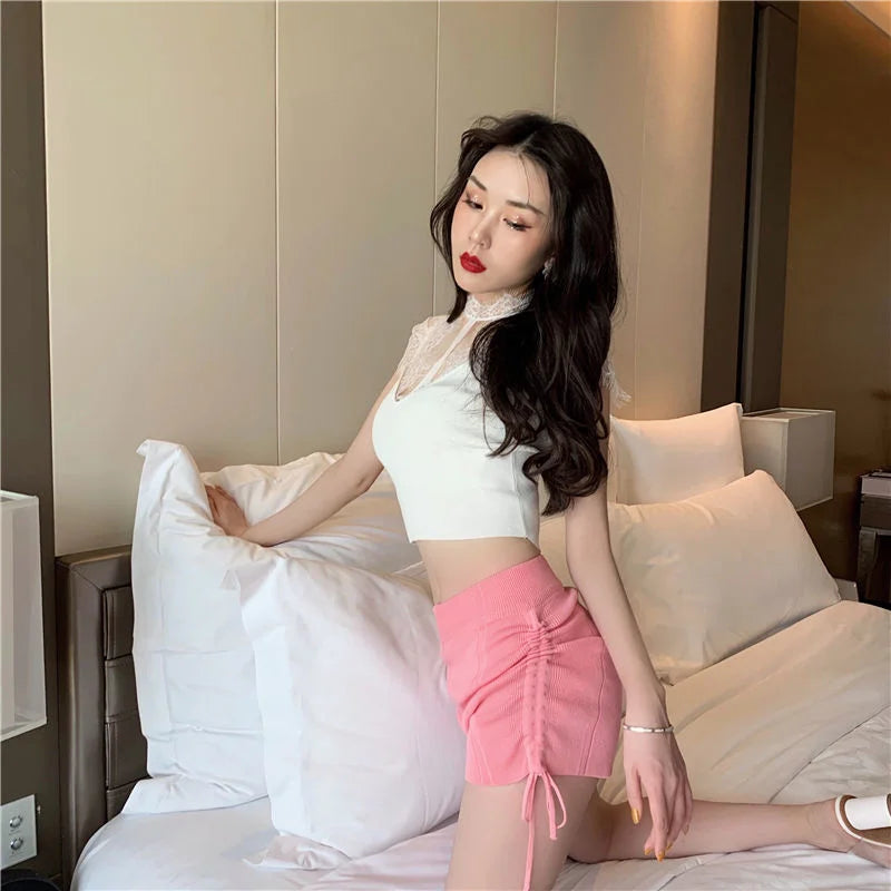 Shorts Women Summer Pink Side Pleated Tie Waist Knitted Shorts Casual Pants Ropa Mujer