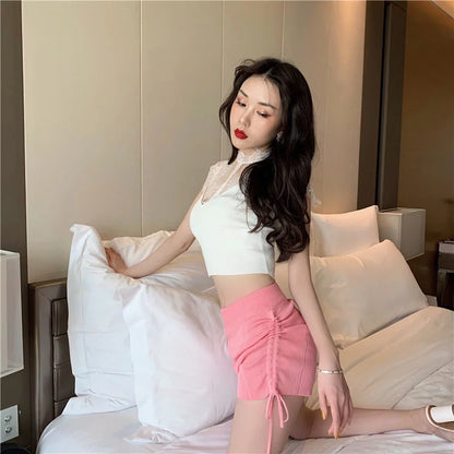 Shorts Women Summer Pink Side Pleated Tie Waist Knitted Shorts Casual Pants Ropa Mujer