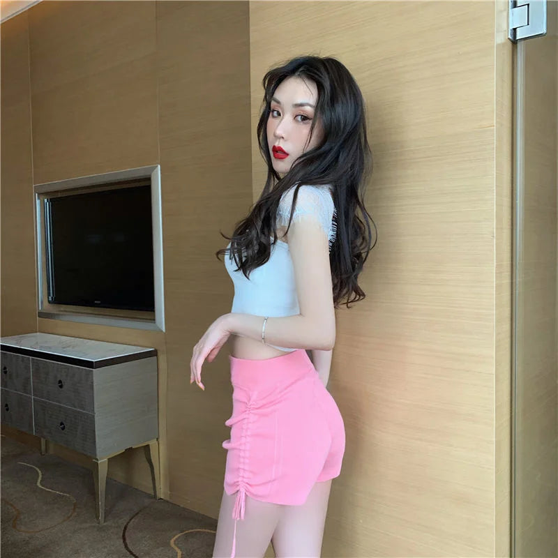 Shorts Women Summer Pink Side Pleated Tie Waist Knitted Shorts Casual Pants Ropa Mujer