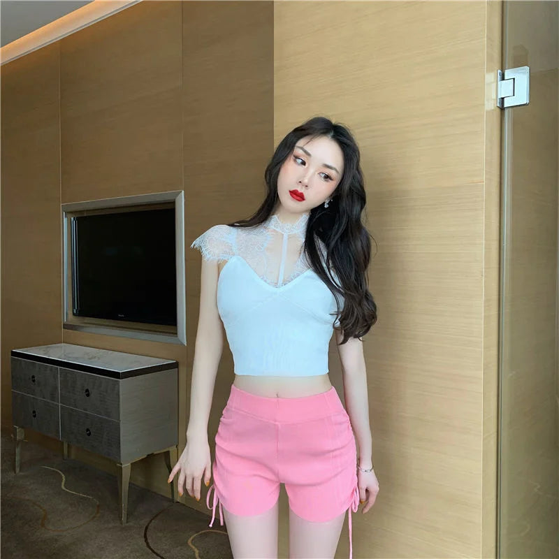 Shorts Women Summer Pink Side Pleated Tie Waist Knitted Shorts Casual Pants Ropa Mujer