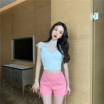 Shorts Women Summer Pink Side Pleated Tie Waist Knitted Shorts Casual Pants Ropa Mujer