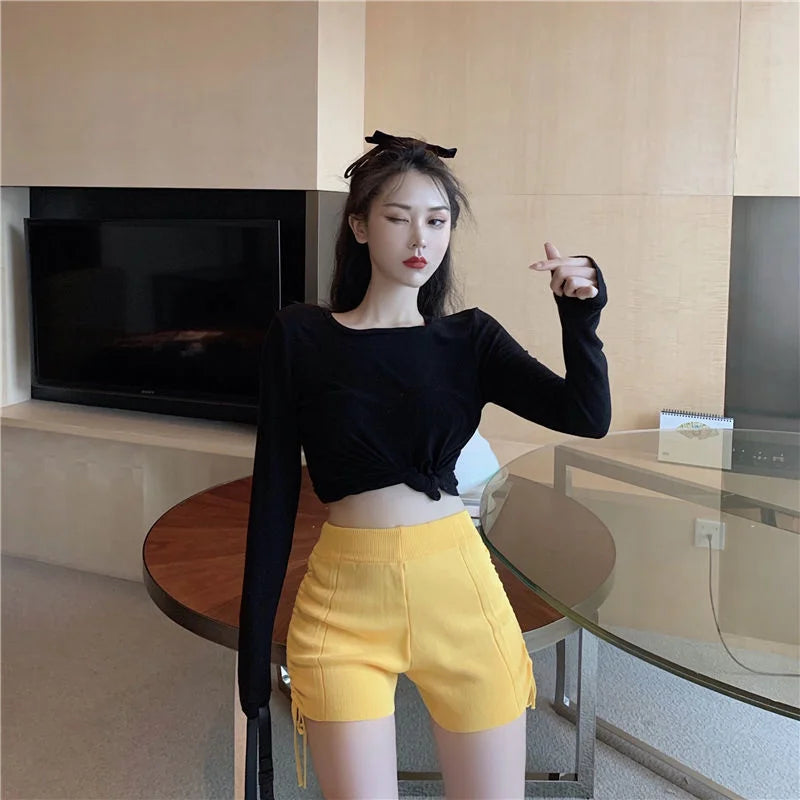 Shorts Women Summer Pink Side Pleated Tie Waist Knitted Shorts Casual Pants Ropa Mujer