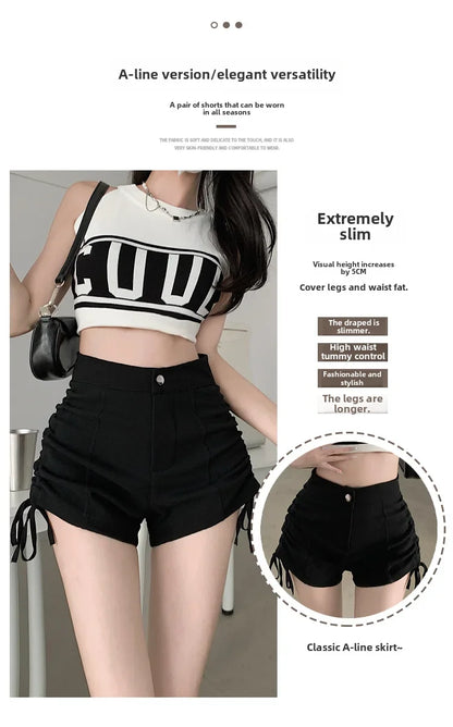 Spicy Girl Style Pure Desire Sexy Drawstring Black Shorts Summer Women's Petite High-waisted Leg-lengthening Casual A- line Pant