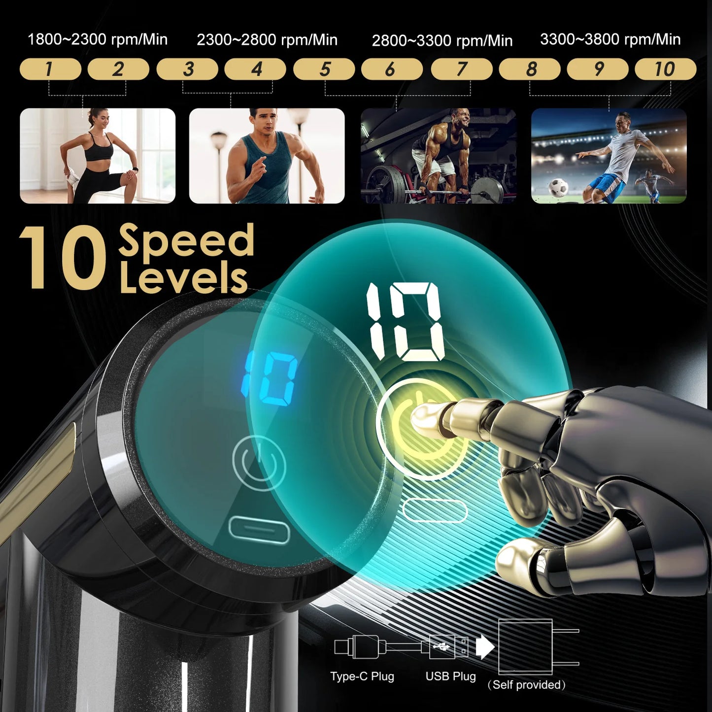 Sejoy Mini Portable Fascia Massage Gun with LED Touch Screen 4 Replaceable Massage Heads 10 Speeds Percussion Massager