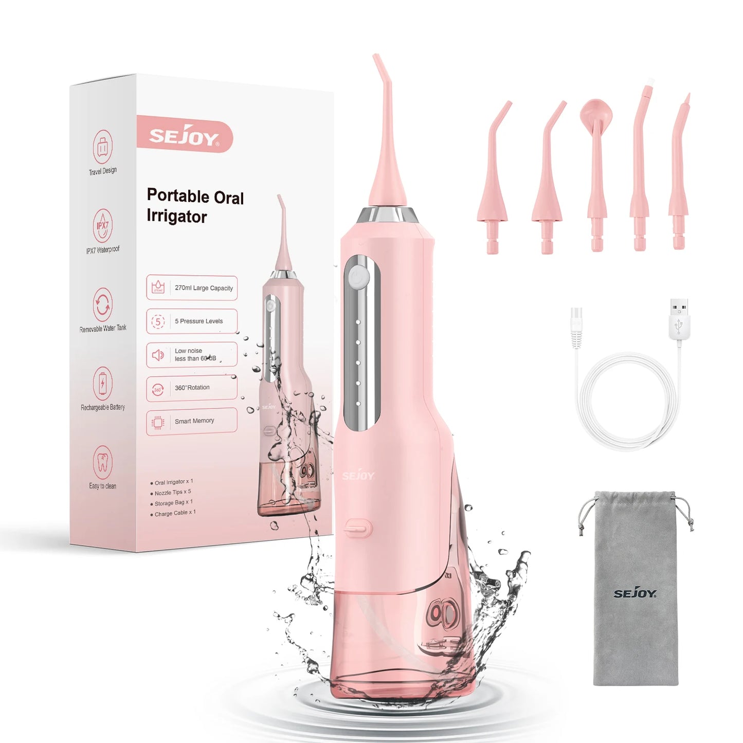 SEJOY Dental Oral Irrigator Water Flosser USB Rechargeable,5 Working Modes,5 Nozzles, 270ml Tank,Water Floss Teeth Pick