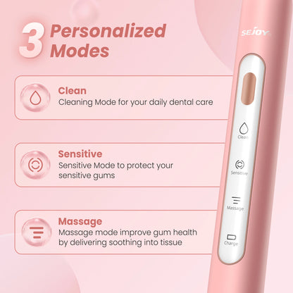 SEJOY Electric Sonic Toothbrush 3 modes Clean USB Rechargeable IPX7 Waterproof Electric Tooth Brushes with 7pcs Replacement Head