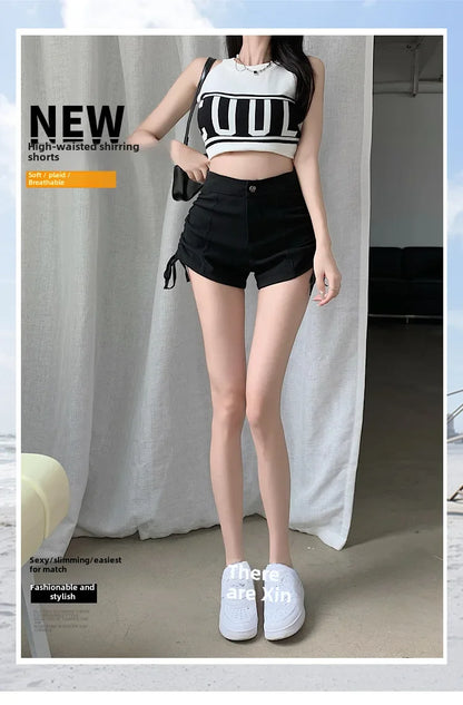 Spicy Girl Style Pure Desire Sexy Drawstring Black Shorts Summer Women's Petite High-waisted Leg-lengthening Casual A- line Pant