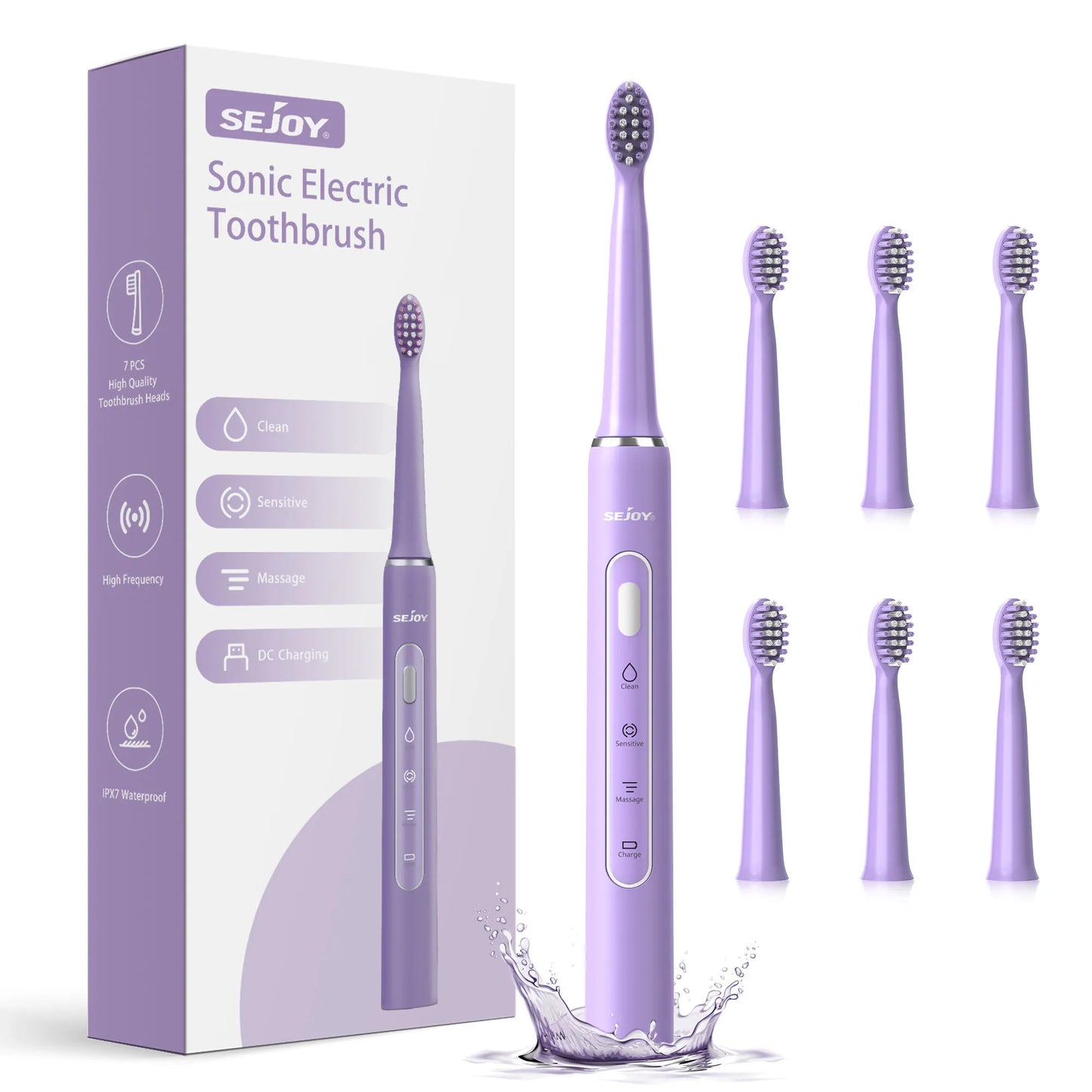 SEJOY Electric Sonic Toothbrush 3 modes Clean USB Rechargeable IPX7 Waterproof Electric Tooth Brushes with 7pcs Replacement Head