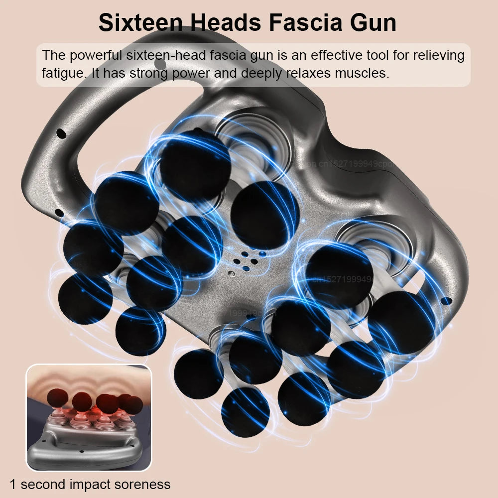 Fascia Gun 16-Head Muscle Massage Gun Professional Body Leg Back Shoulder Waist Fascia Gun High Frequency Vibration Massager Gun