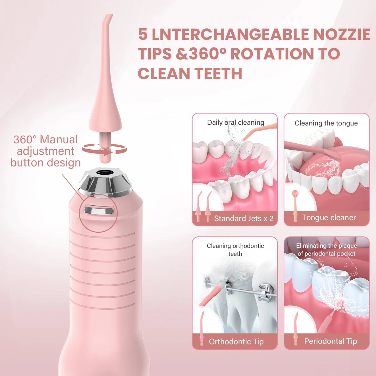 SEJOY Dental Oral Irrigator Water Flosser USB Rechargeable,5 Working Modes,5 Nozzles, 270ml Tank,Water Floss Teeth Pick