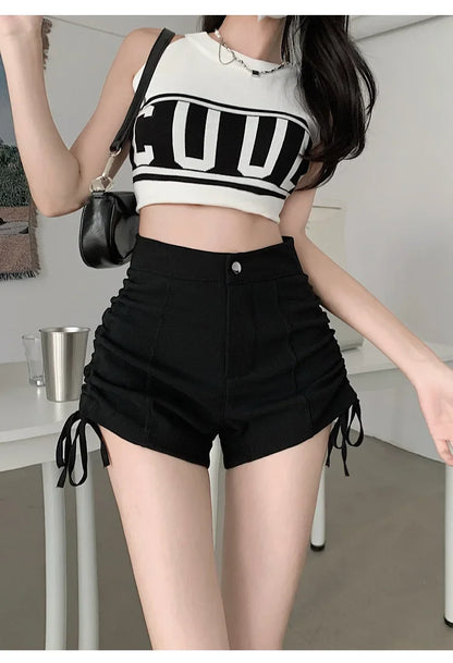 Spicy Girl Style Pure Desire Sexy Drawstring Black Shorts Summer Women's Petite High-waisted Leg-lengthening Casual A- line Pant