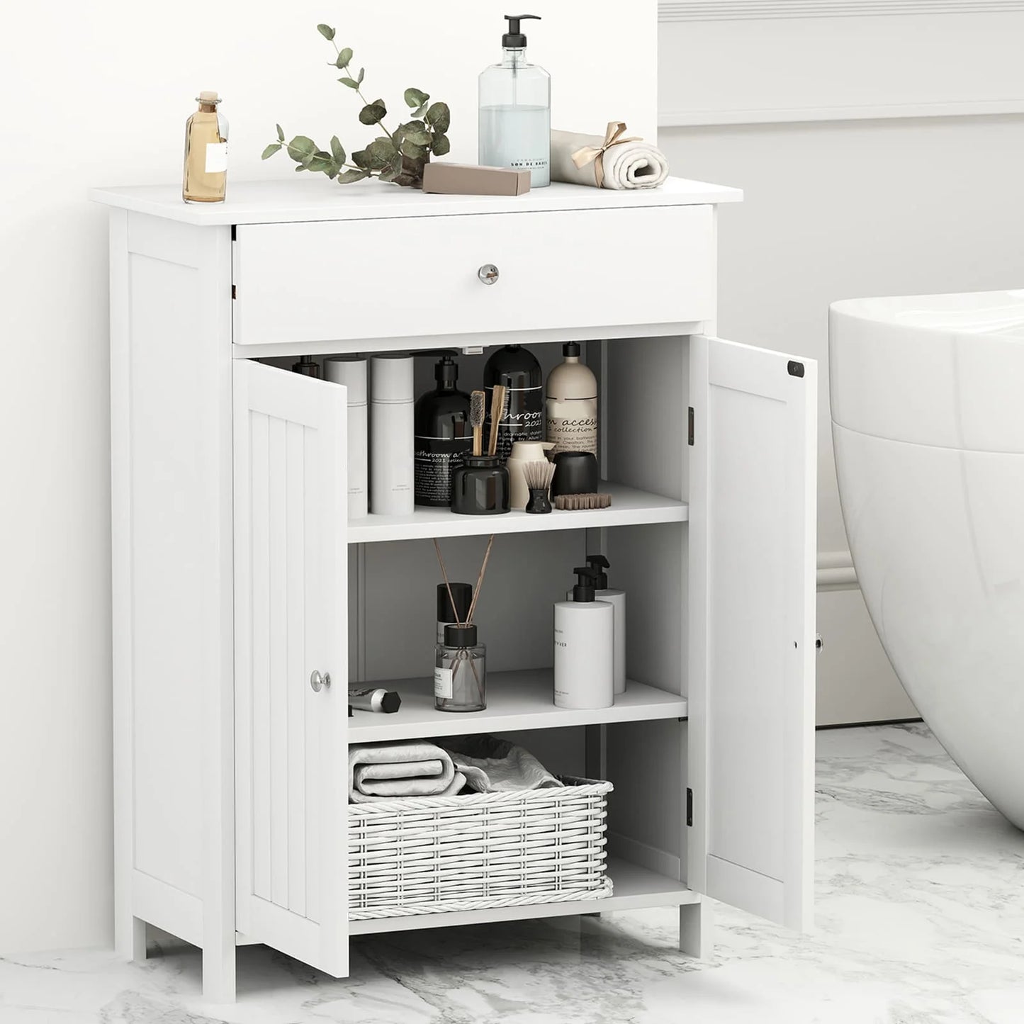 GOFLAME Bathroom Floor Cabinet Freestanding Storage Organizer w/2 Doors-White