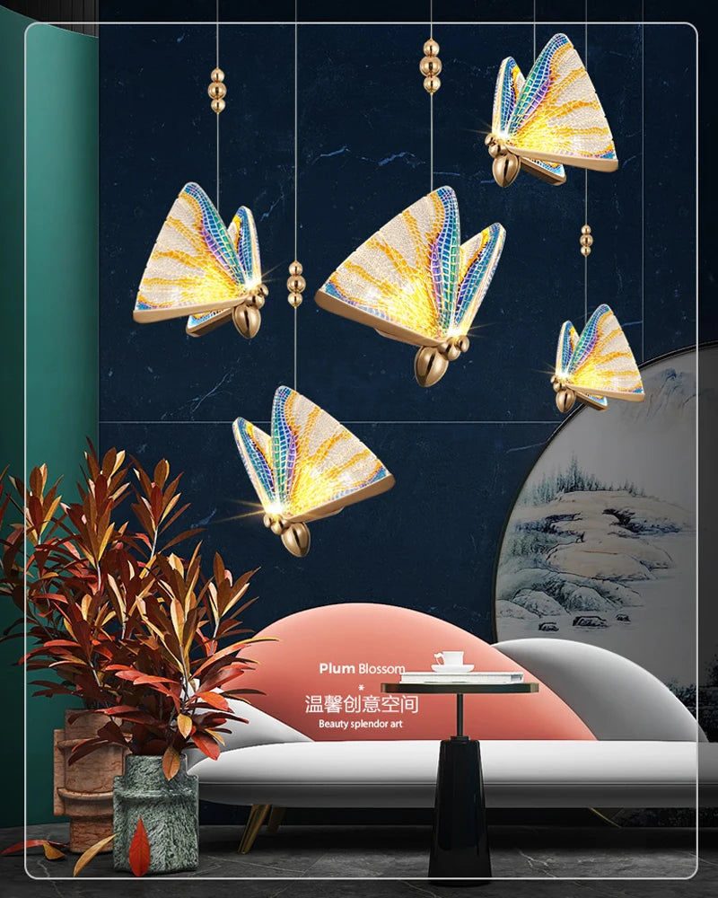 Nordic Colorful Butterfly LED Pendant Lamps for Home Bedroom Living Room Indoor Golden LED Suspened Hanging Chandelier Lighting