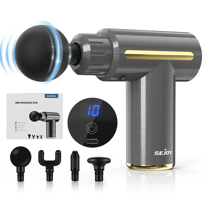 Sejoy Mini Portable Fascia Massage Gun with LED Touch Screen 4 Replaceable Massage Heads 10 Speeds Percussion Massager