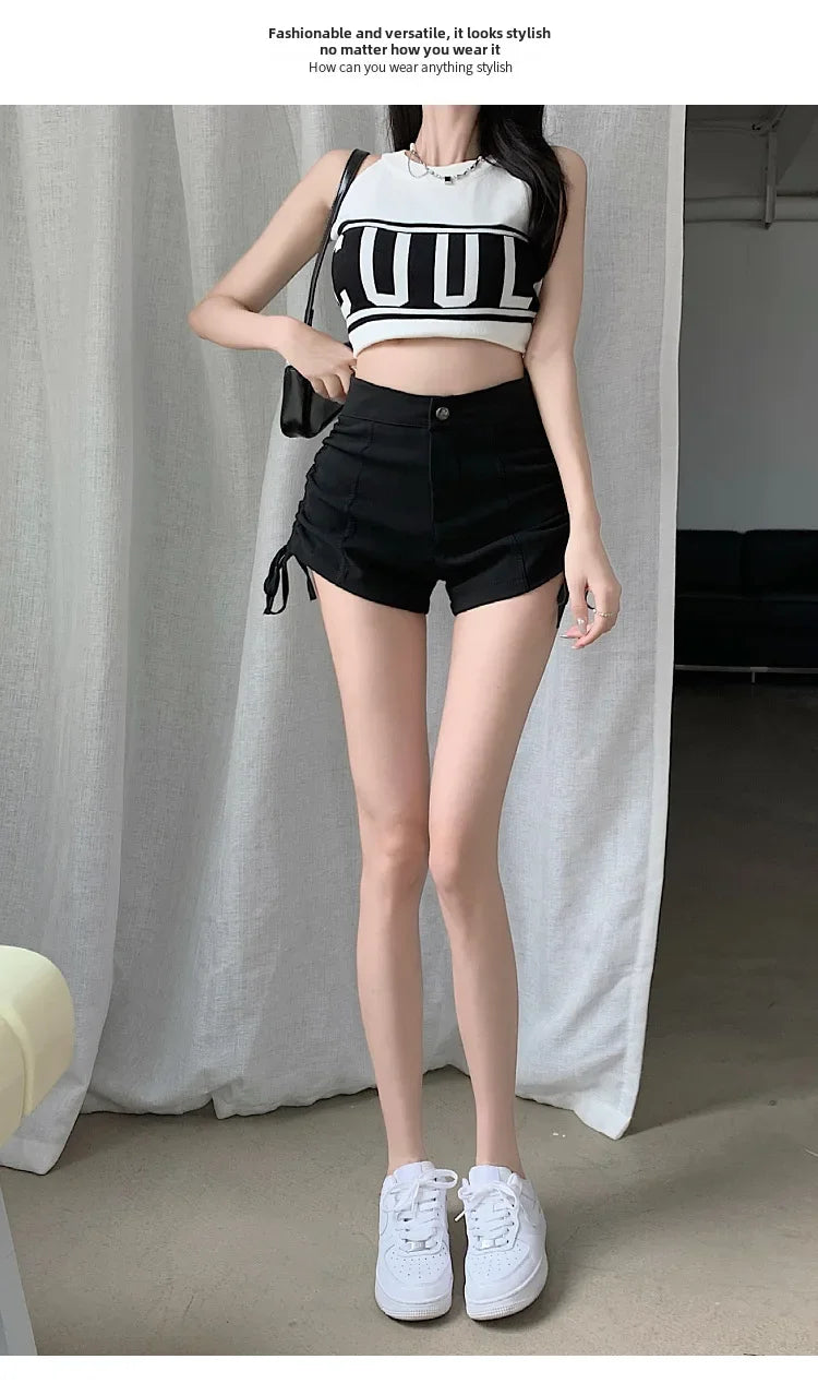 Spicy Girl Style Pure Desire Sexy Drawstring Black Shorts Summer Women's Petite High-waisted Leg-lengthening Casual A- line Pant