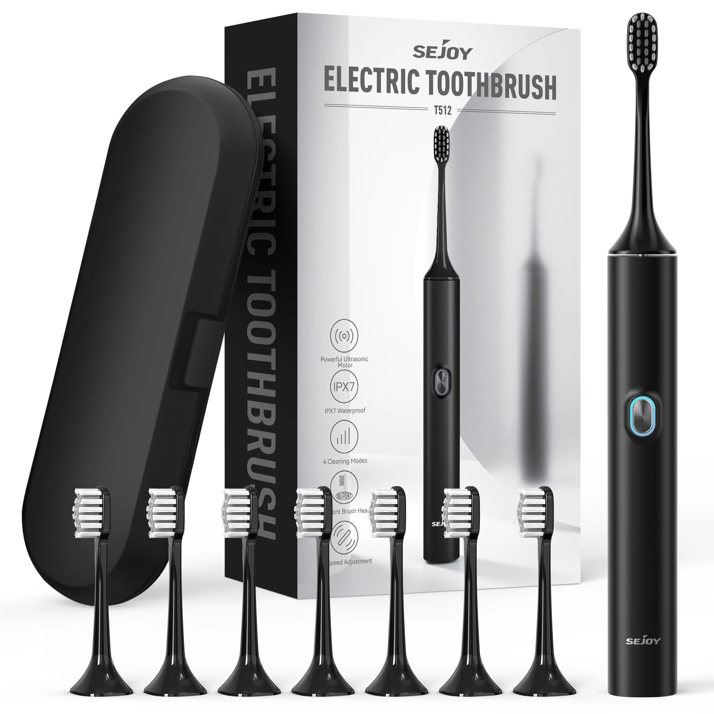Sejoy T512 Electric Toothbrush for Adults with 4 Brush Heads Ultrasonic Tooth brush 4 Modes Rechargeable Waterproof