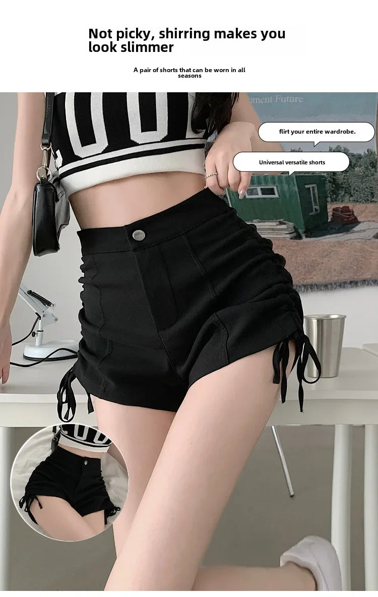 Spicy Girl Style Pure Desire Sexy Drawstring Black Shorts Summer Women's Petite High-waisted Leg-lengthening Casual A- line Pant
