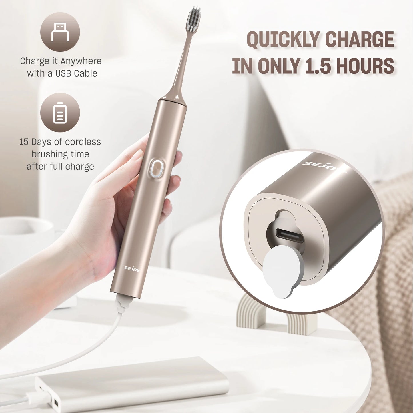 Sejoy T512 Electric Toothbrush for Adults with 4 Brush Heads Ultrasonic Tooth brush 4 Modes Rechargeable Waterproof